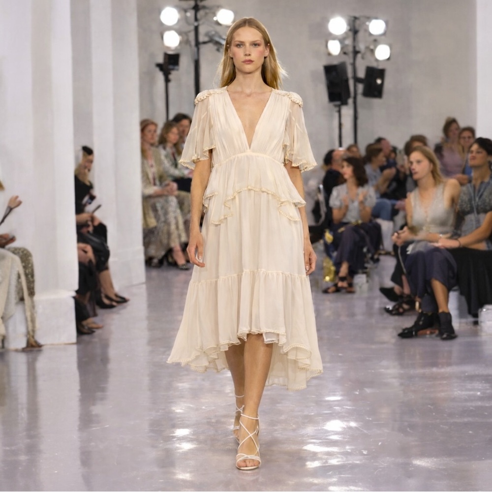 Chloé Cream White Silk Chiffon Maxi Dress Tiered 6 Bridal Boho NWT 🟠